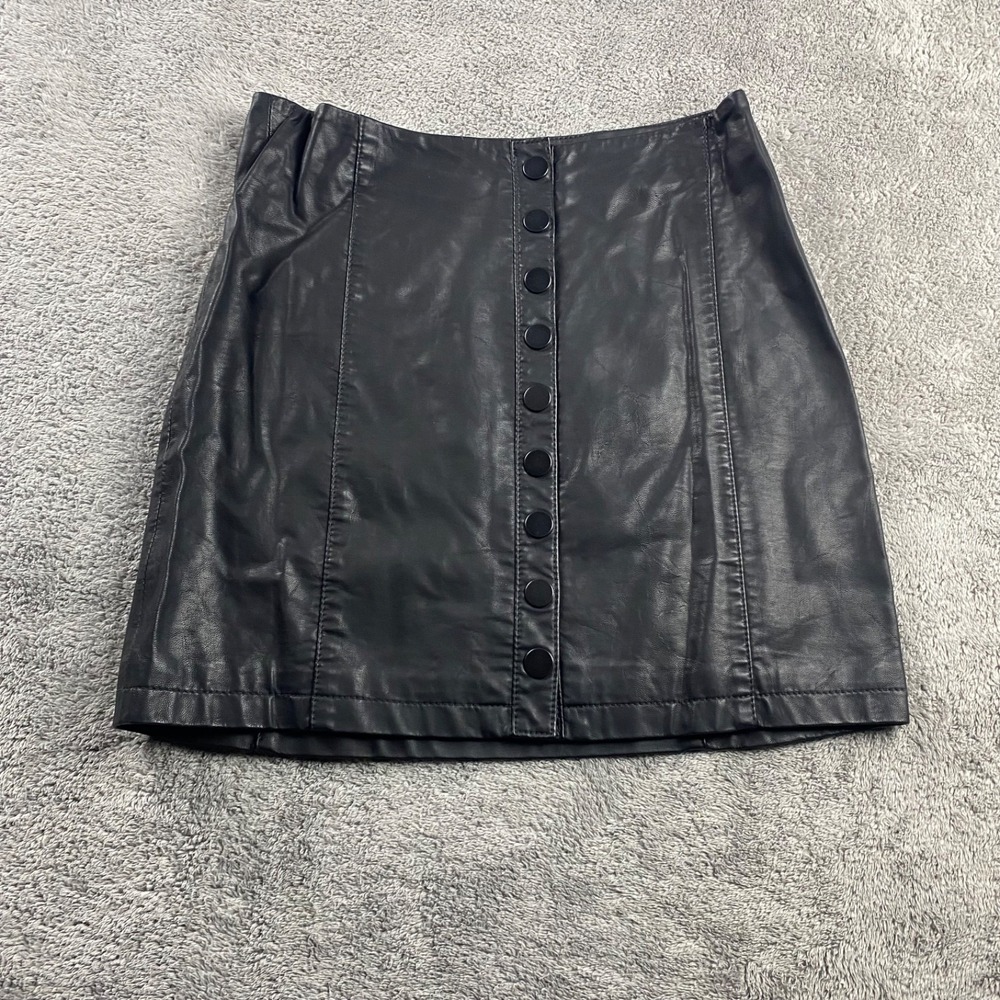 Free People Button Front Skirt Womens‎ 6 Faux Leather Black